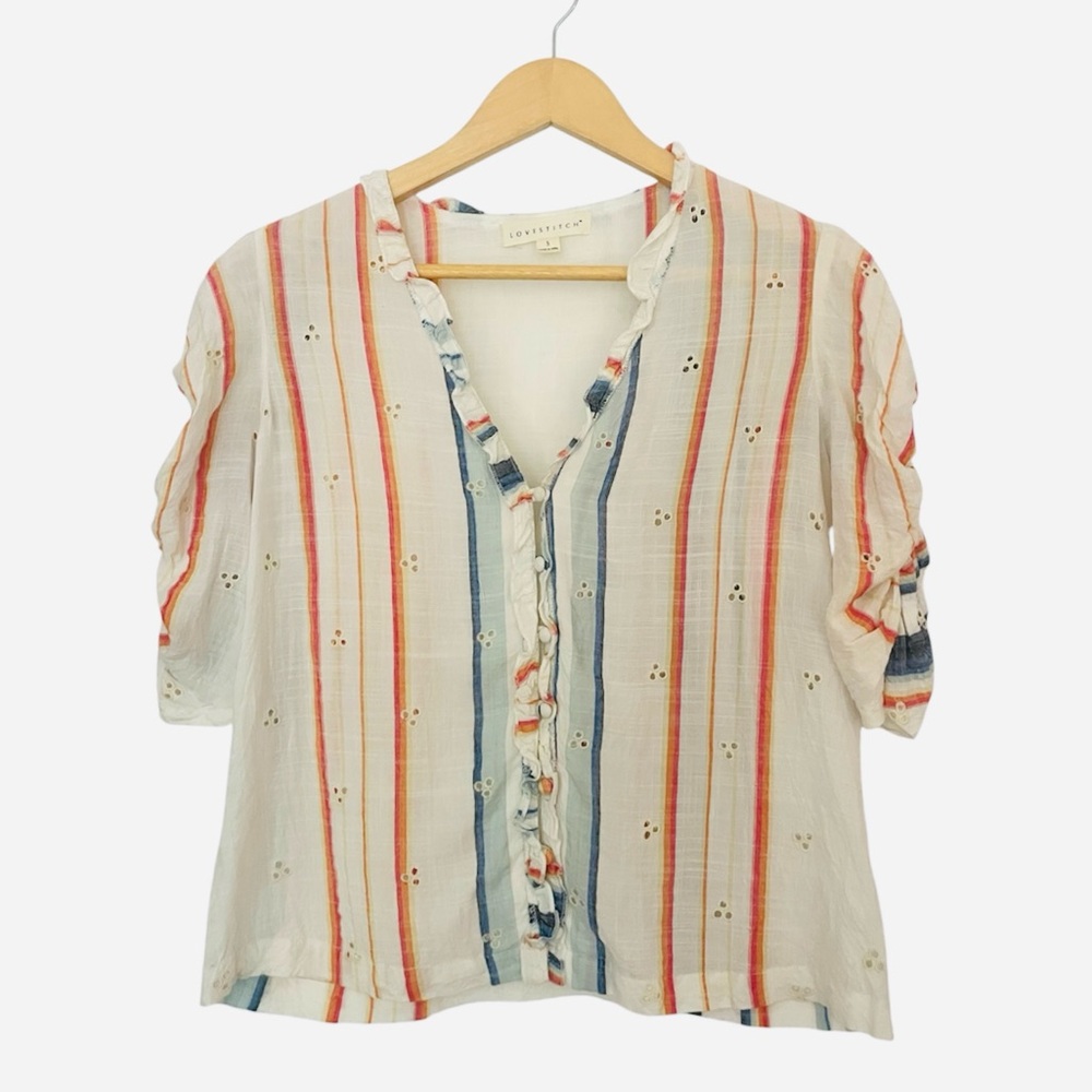 Love Stitch Women's Ruffled Striped Blouse Cream, Red, Blue
